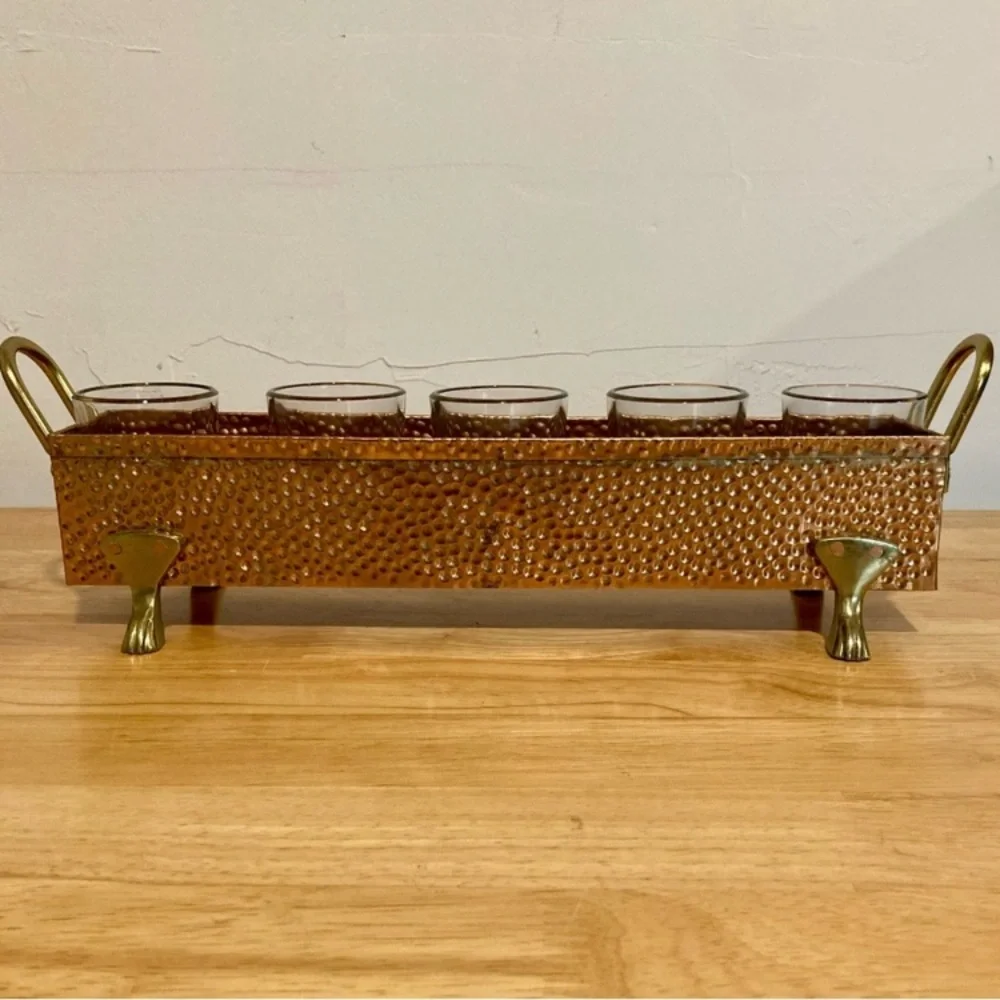 Hammered Metal Footed Container with 5 Glass Votive Holders Used Copper Colored - Picture 4 of 15